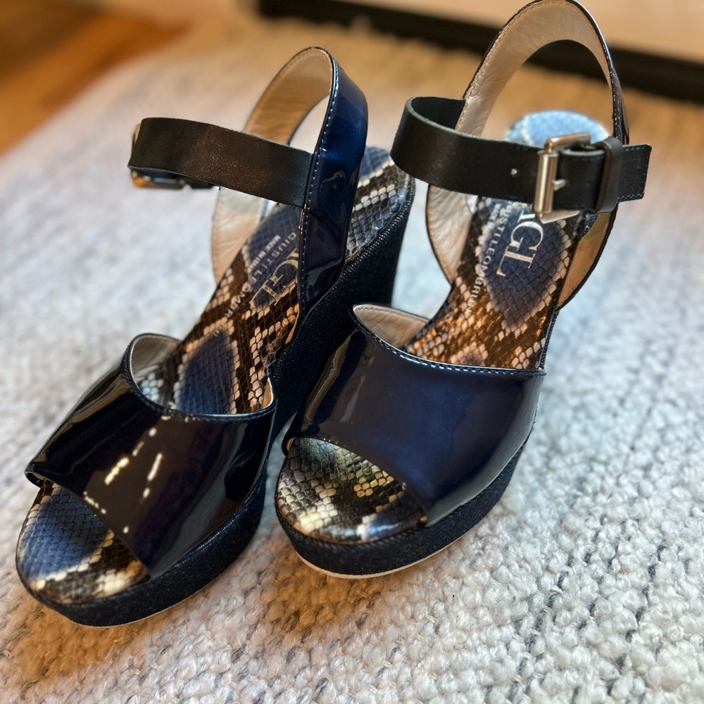 AGL Women’s Snakeskin Leather Patent Navy Denim Ankle Strap Wedges Shoes - Picture 10 of 15
